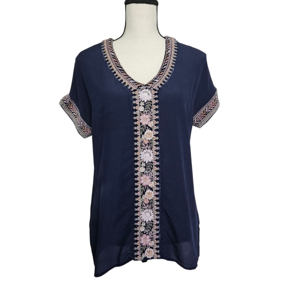 Johnny Was Navy Blue Silk Floral Embroided Top Size Extra Large XL - Picture 1 of 8